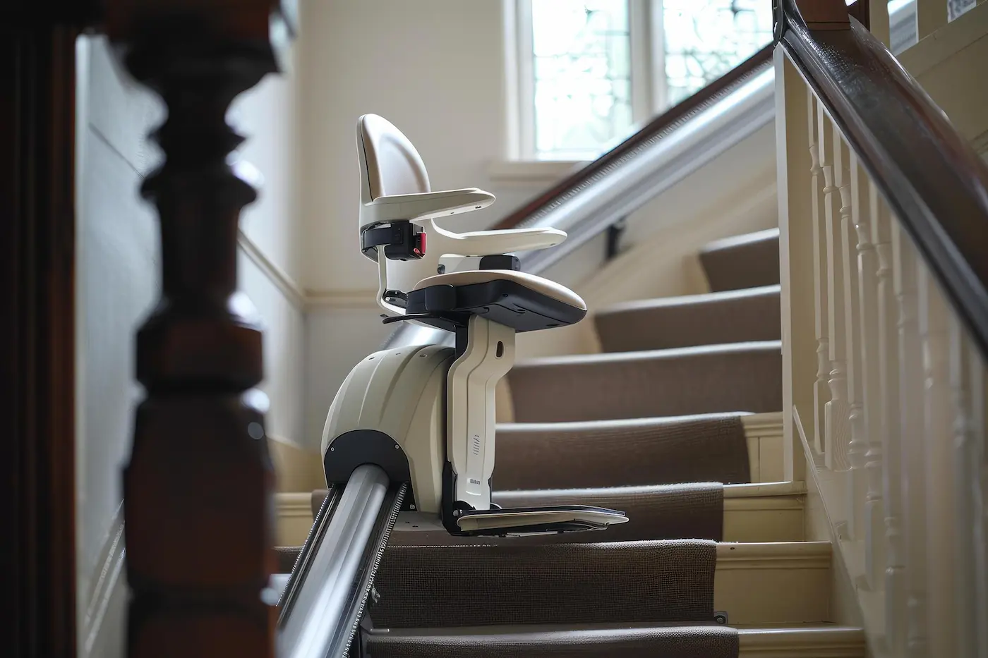 Técnico midiendo una escalera para calcular el precio de instalar un salvaescaleras en una vivienda de Móstoles